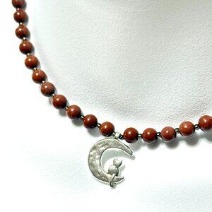Genuine Red Jasper Short Necklace, Gemstone & Silver Cat on the Moon Charm